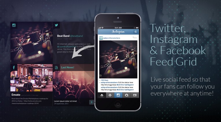 Twitter, Instagram and facebook feed grid
